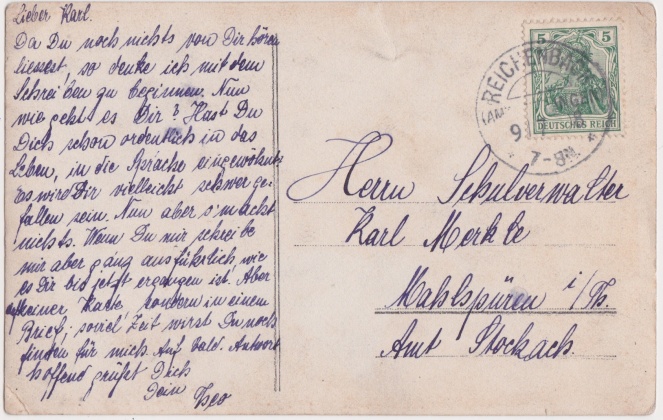 First postcard to Karl Merkle who lived in Mahlspüren, Stockach, stamp of Deutches Reich, posted in Reichenbach